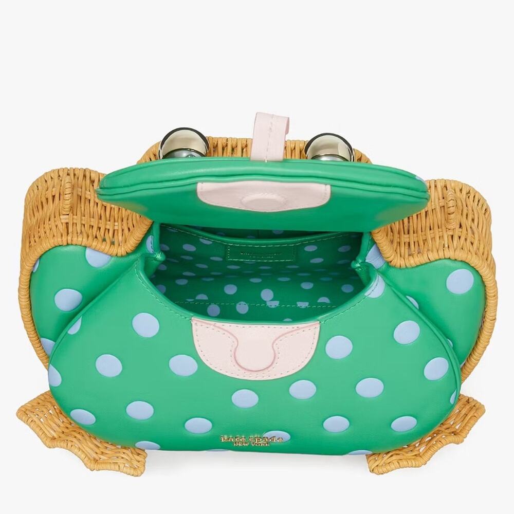 NWT Kate Spade Lily Polka Dot Wicker 3D Frog Crossbody/Green/Wicker-Leather - Picture 6 of 12